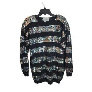 Studio Michelle Stuart Black Striped Allover Sequin Pullover Sweater Size Medium